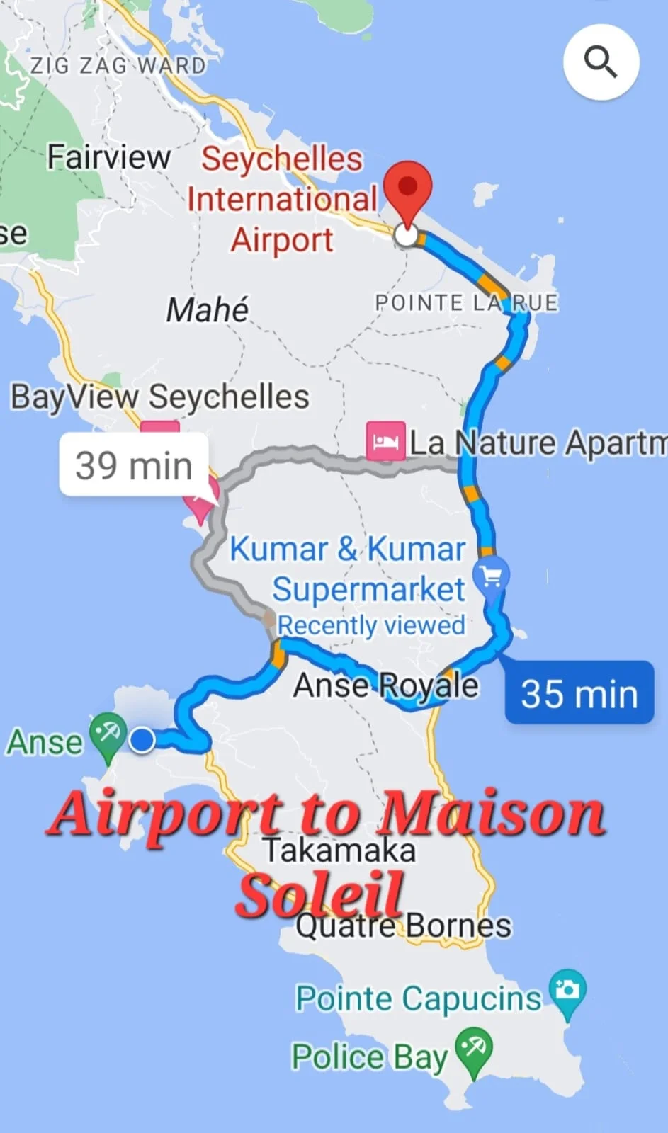 Driving route from Seychelles International Airport to Maison Soleil on Mahé — approximately 35 minutes via Anse Royale at Maison Soleil, Anse Soleil, Seychelles