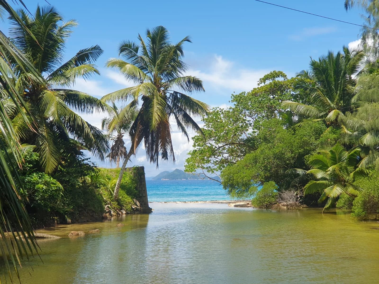 Calm tropical lagoon opening to bright turquoise ocean with palm-fringed banks — Baie Lazare coastline near Maison Soleil at Maison Soleil, Anse Soleil, Seychelles